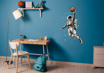 A mural showing basketball in space.